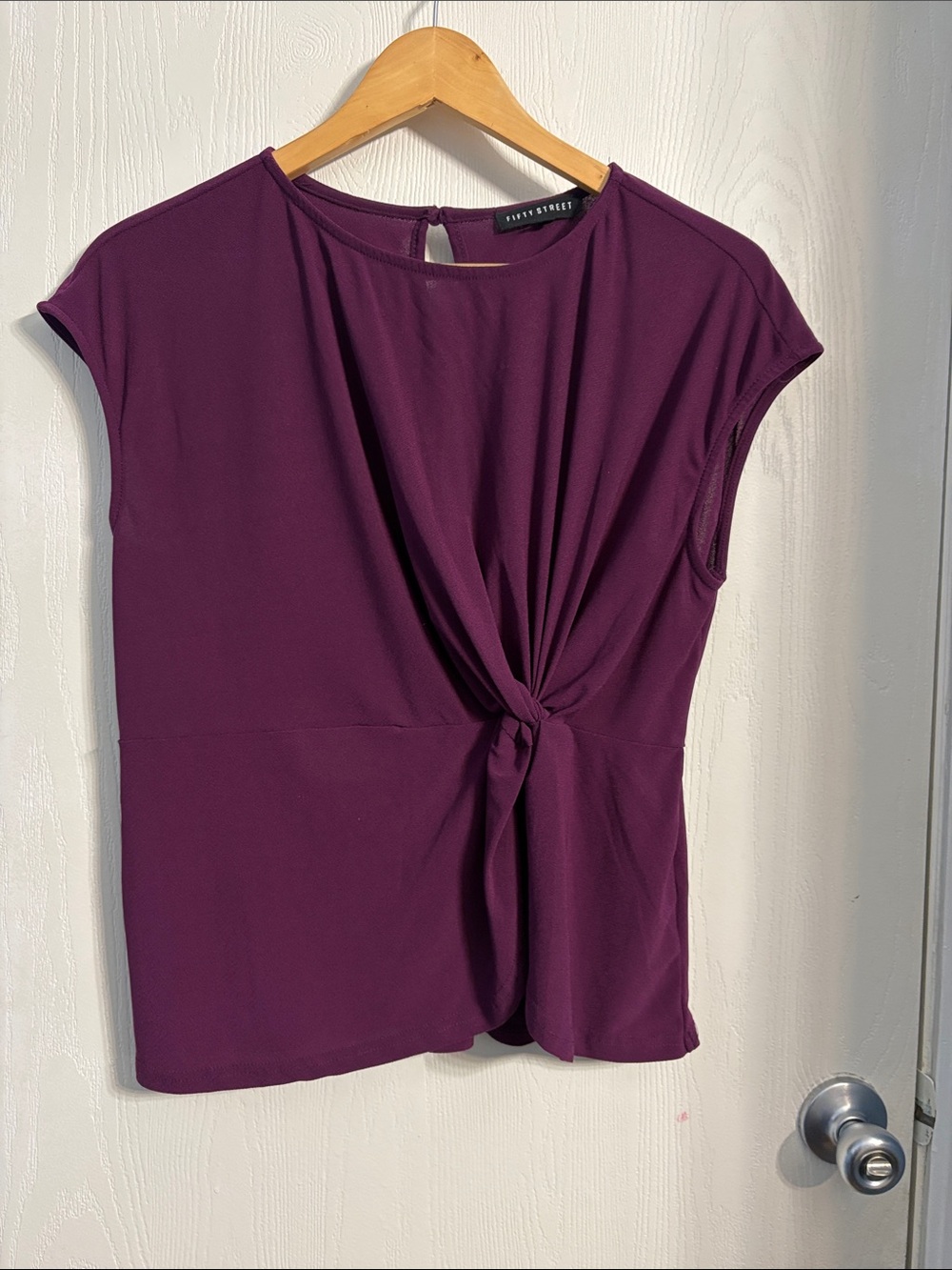 Fifty Street Knot-Front Cap Sleeve Blouse in Plum